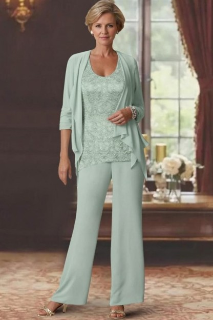 Silber Brautmutter Hosenanzug Chiffon Brautmutterkleider mit Spitze
