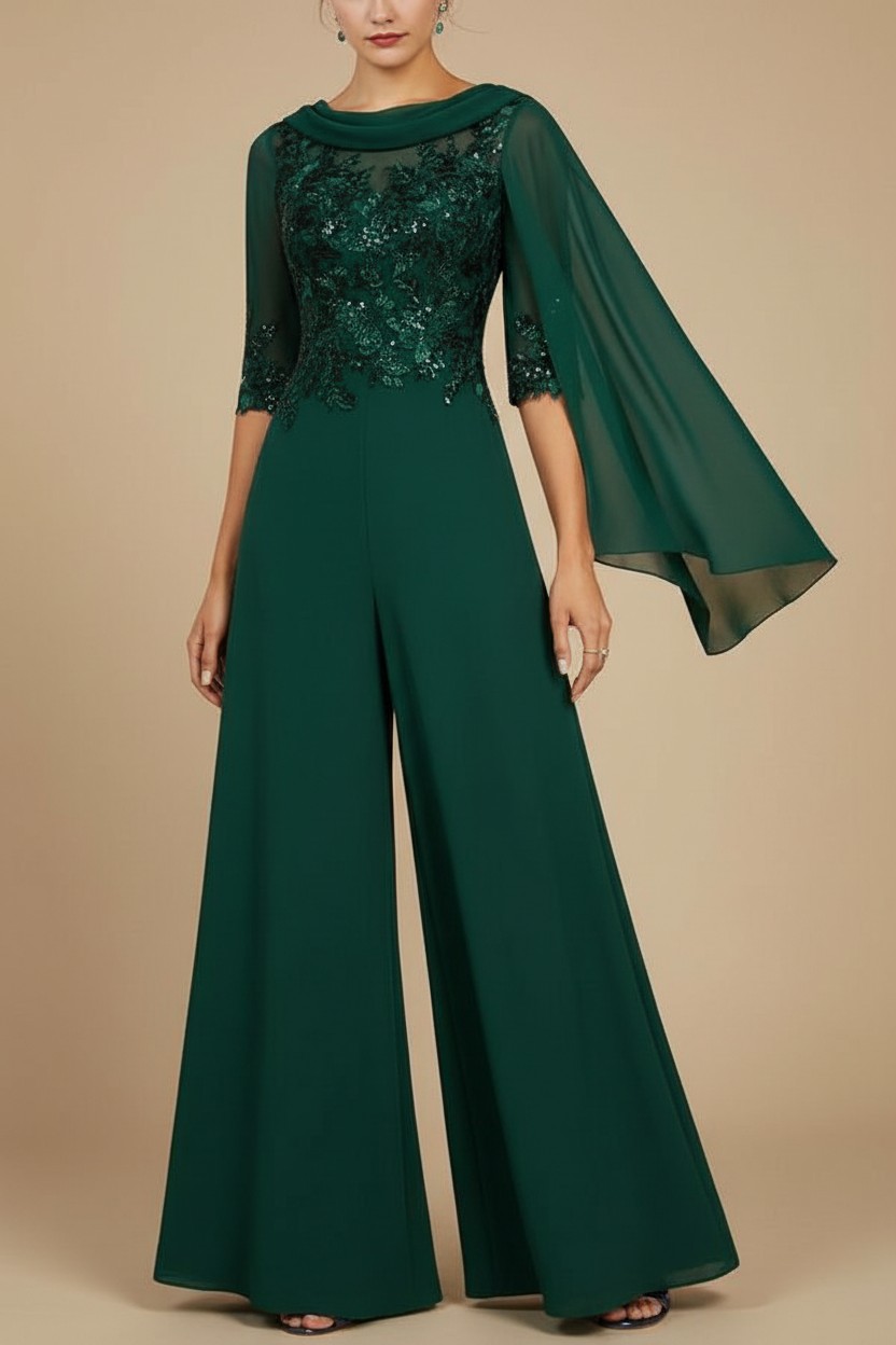 Navy Blau Jumpsuit Hosenanzüge Lang Chiffon Brautmutterkleider mit Ärmel