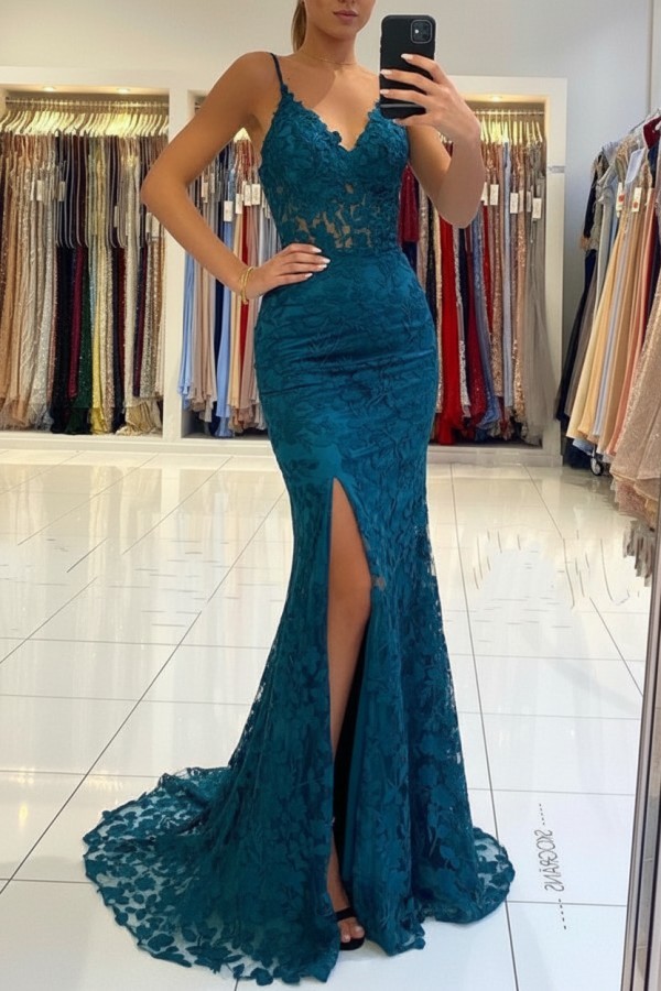 Elegante Abendkleider Blau | Spitze Abiballkleider Meerjungfrau