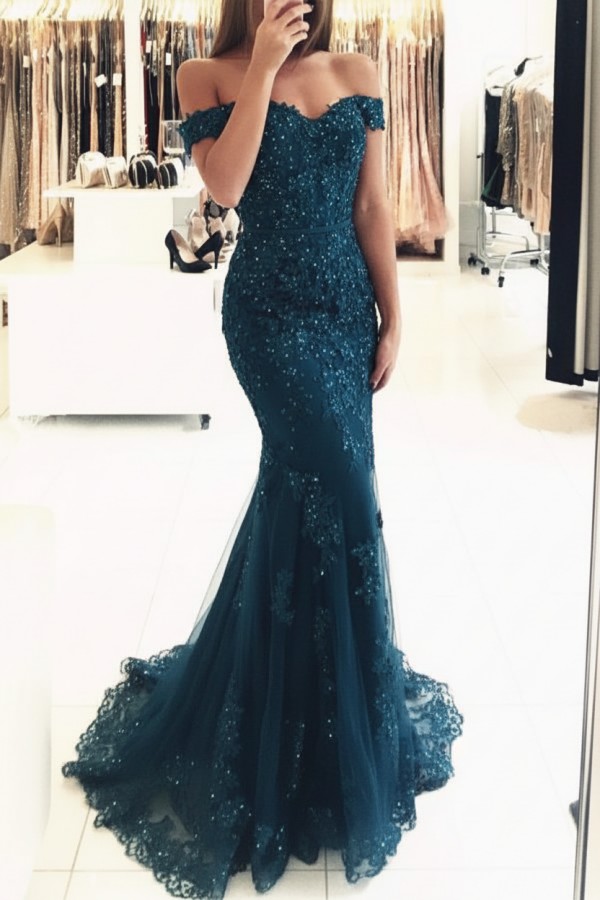 Rot Lange Abendkleider Spitze Perlen Schulterfrei Meerjungfrau Abibllkleider Partykleider BA3809