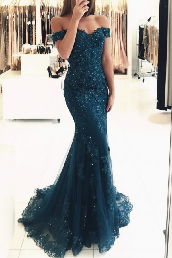 Rot Lange Abendkleider Spitze Perlen Schulterfrei Meerjungfrau Abibllkleider Partykleider BA3809