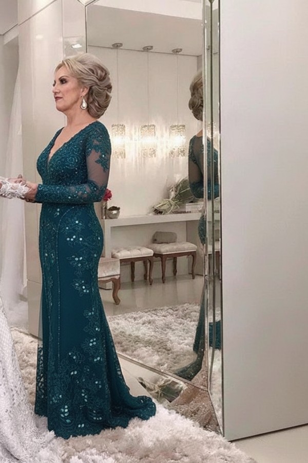 Golden Brautmutterkleider Spitze Mit Ärmel Günstig Abendkleider für Hochzeit Online