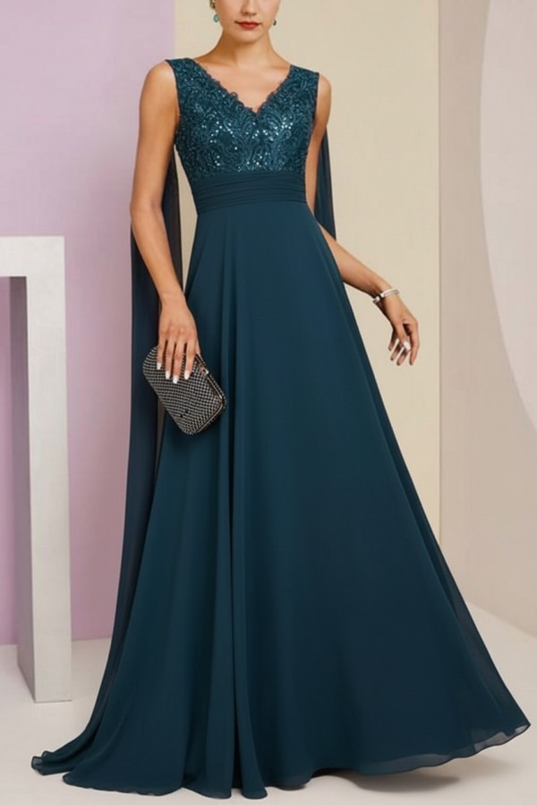 Brautmutterkleid Lang Blau Kleider für Brautmutter mit Ärmel
