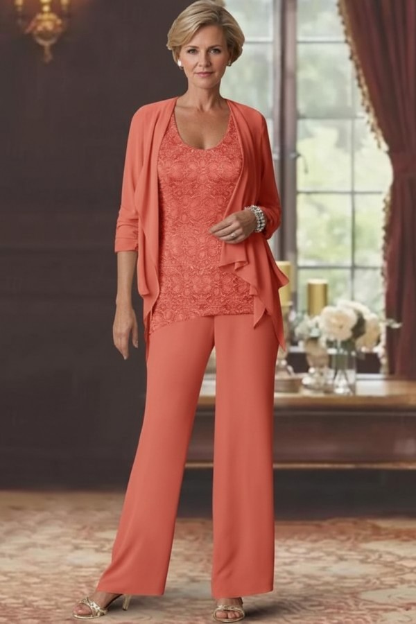 Silber Brautmutter Hosenanzug Chiffon Brautmutterkleider mit Spitze