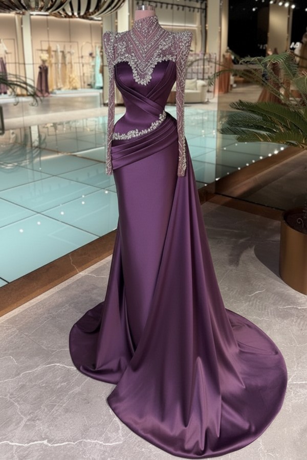 Schöne Abendkleider Lang Glitzer Lila Ballkleider mit Ärmel