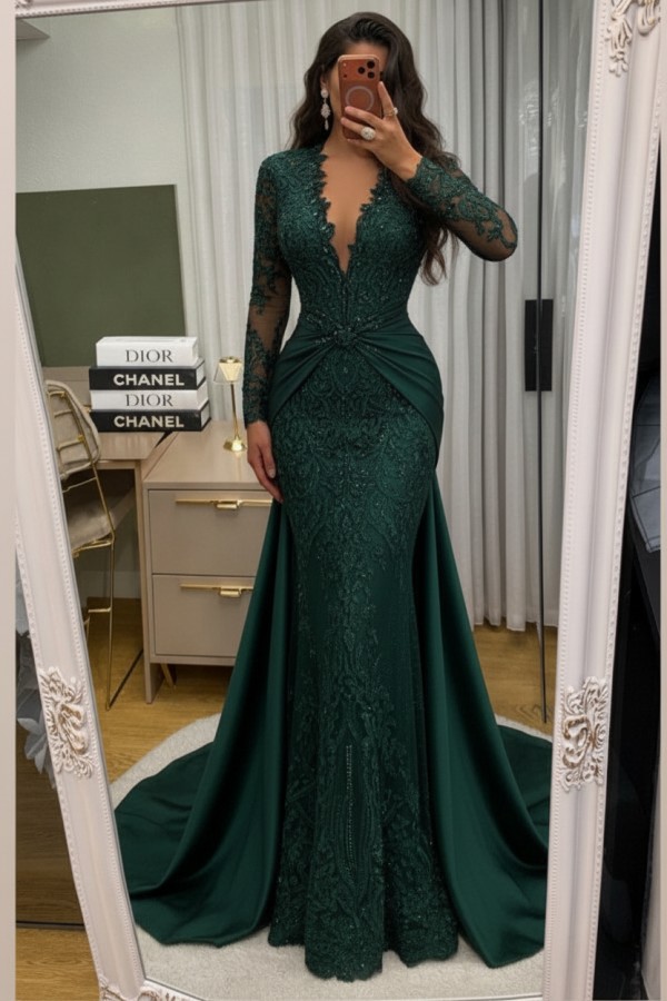 Wunderschöne Abendkleider Lang Spitze Abiballkleider mit Ärmel