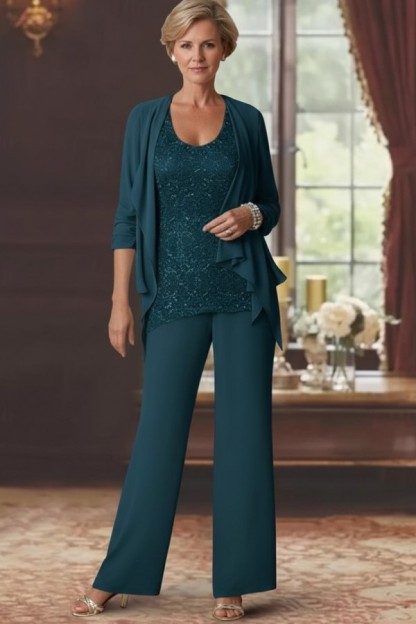 Silber Brautmutter Hosenanzug Chiffon Brautmutterkleider mit Spitze