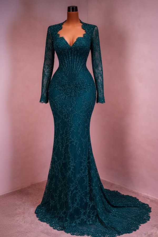 Designer Abendkleid Lang Weinrot Ballkleid Spitze Mit Ärmel