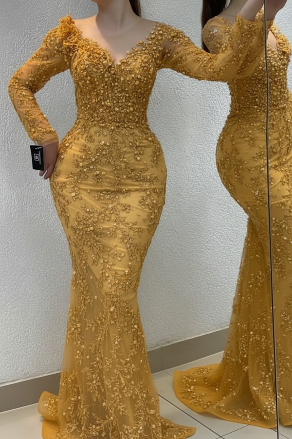 Schöne Abendkleider Lang Gold | Spitze Abiballkleider mit Glitzer