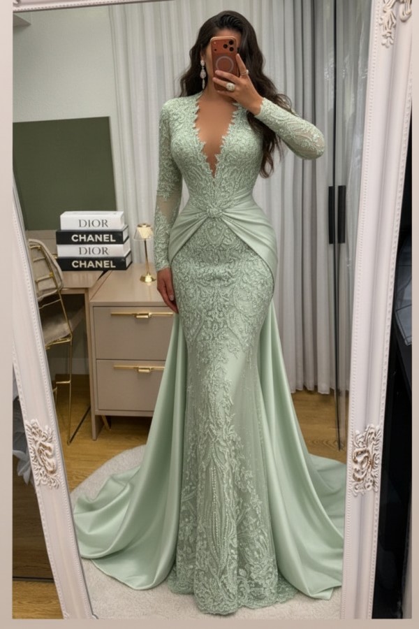 Wunderschöne Abendkleider Lang Spitze Abiballkleider mit Ärmel