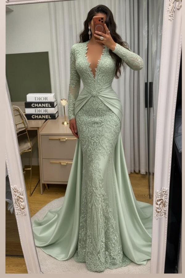 Wunderschöne Abendkleider Lang Spitze Abiballkleider mit Ärmel