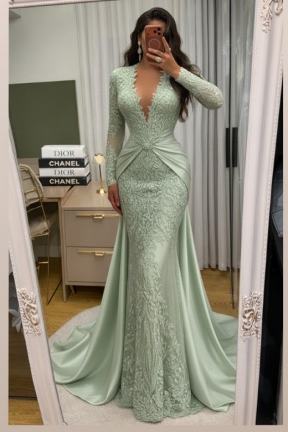 Wunderschöne Abendkleider Lang Spitze Abiballkleider mit Ärmel