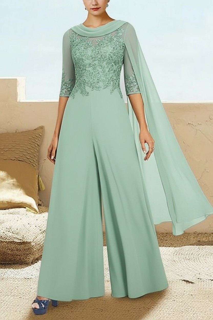 Navy Blau Jumpsuit Hosenanzüge Lang Chiffon Brautmutterkleider mit Ärmel