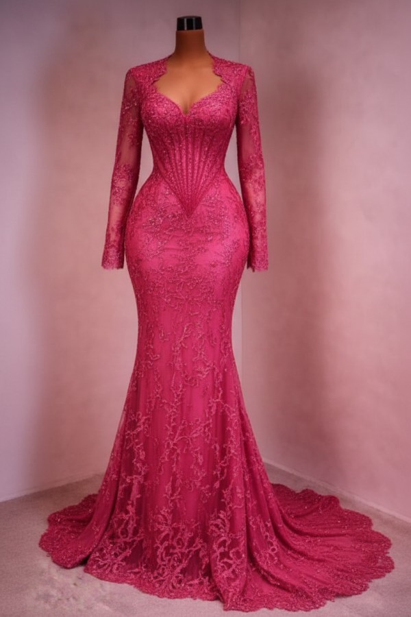 Designer Abendkleid Lang Weinrot Ballkleid Spitze Mit Ärmel