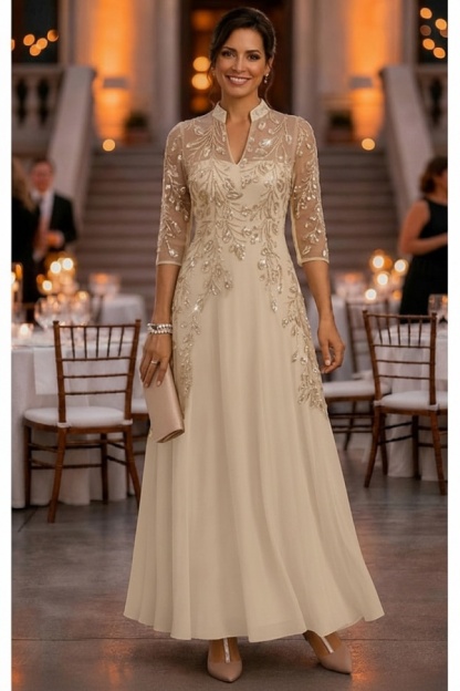 Festliche Kleider Hochzeitsparty Lang Brautmutterkleider Glitzer mit Ärmel