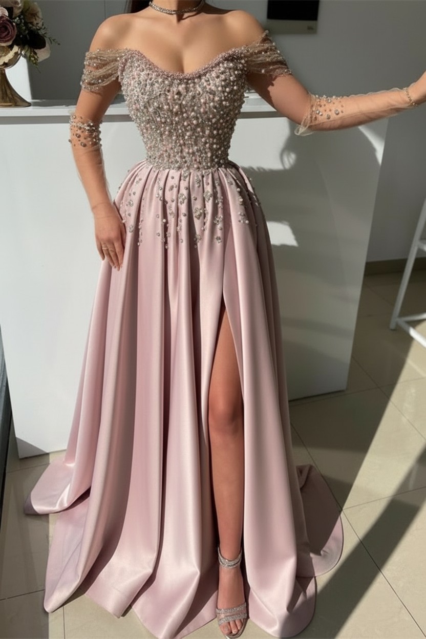 Dunsty Rosa Abendkleider Lang Günstig | Abiballkeider mit Glitzer
