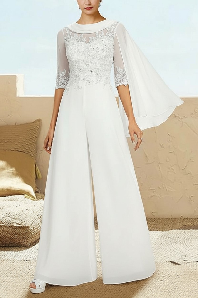 Navy Blau Jumpsuit Hosenanzüge Lang Chiffon Brautmutterkleider mit Ärmel