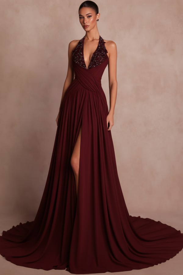 Schlichte Abendkleider Lang V Ausschnitt Chiffon Ballkleider mit Glitzer