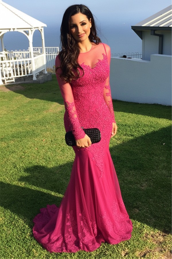 Schwarz Abendkleider Lang Ärmel Spitze Meerjungfrau Abendmoden Partykleider