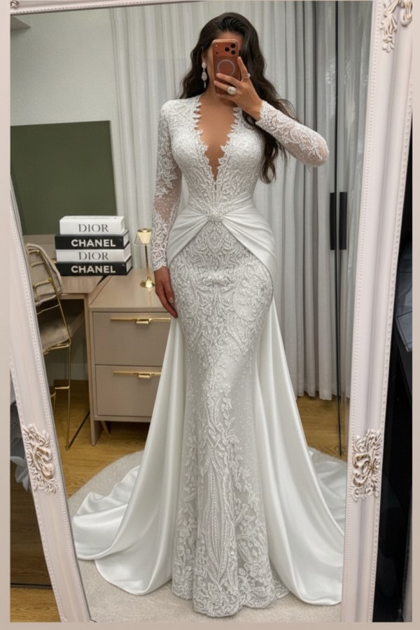 Wunderschöne Abendkleider Lang Spitze Abiballkleider mit Ärmel