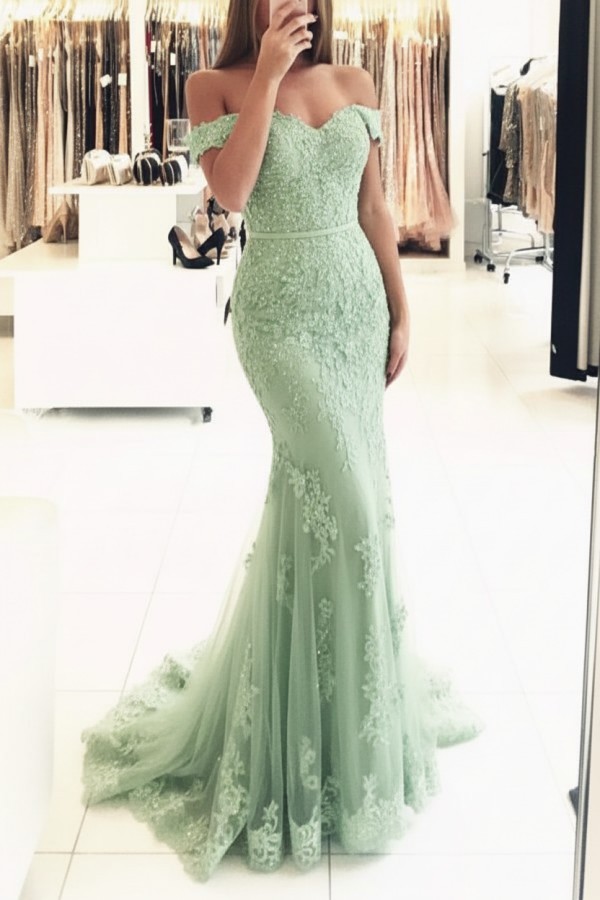 Rot Lange Abendkleider Spitze Perlen Schulterfrei Meerjungfrau Abibllkleider Partykleider BA3809