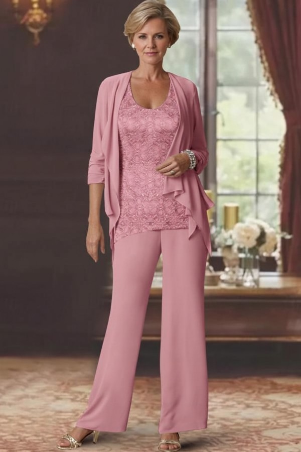 Silber Brautmutter Hosenanzug Chiffon Brautmutterkleider mit Spitze