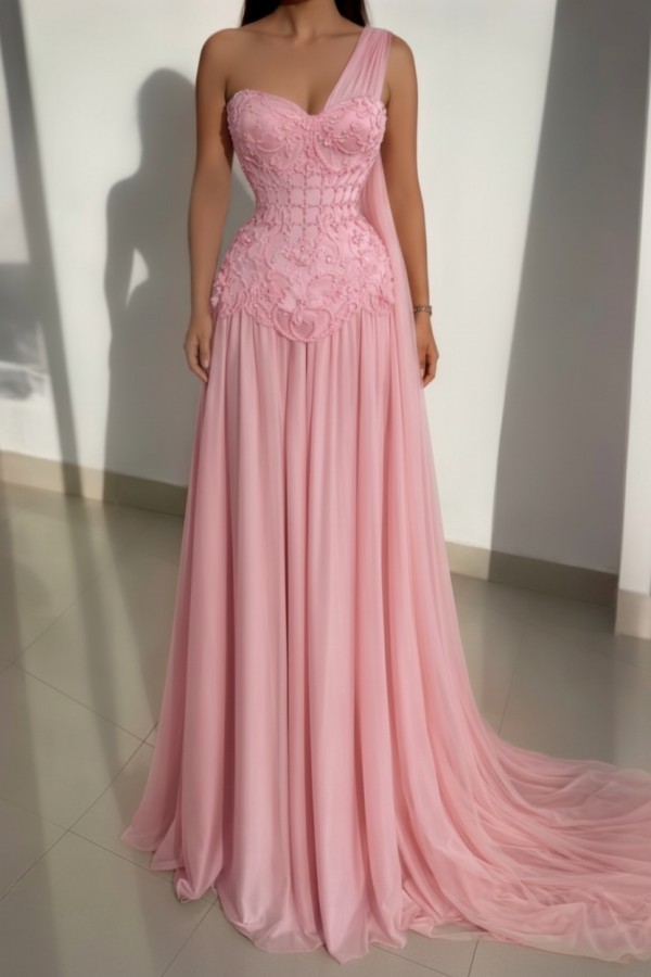 Schöne Abendkleider Lang Rosa Ballkleider mit Spitze