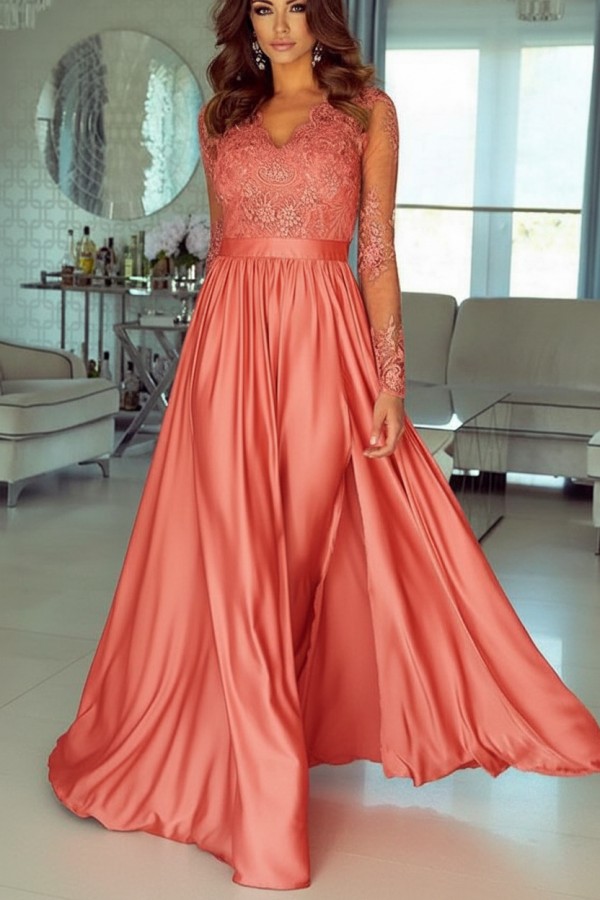 Champagne Abendkleider Lang Mit Ärmel Spitze Abendmoden Günstig