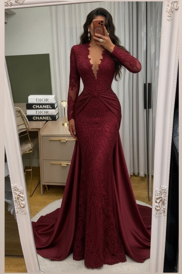 Wunderschöne Abendkleider Lang Spitze Abiballkleider mit Ärmel