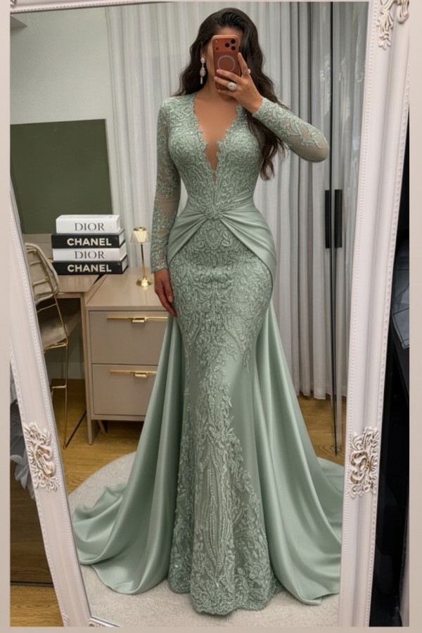 Wunderschöne Abendkleider Lang Spitze Abiballkleider mit Ärmel