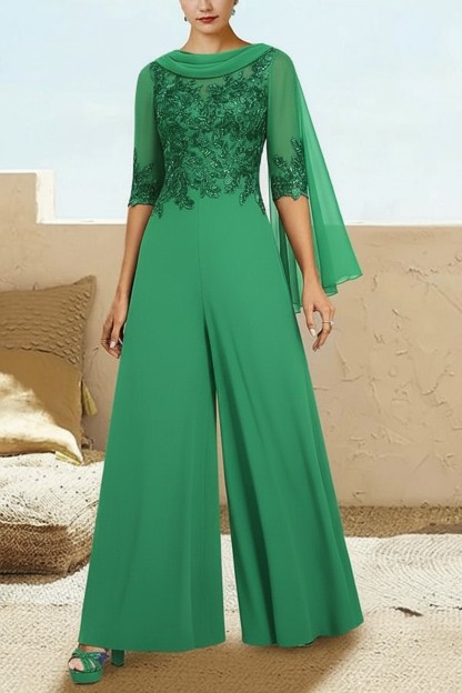 Navy Blau Jumpsuit Hosenanzüge Lang Chiffon Brautmutterkleider mit Ärmel