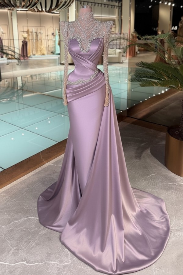 Schöne Abendkleider Lang Glitzer Lila Ballkleider mit Ärmel