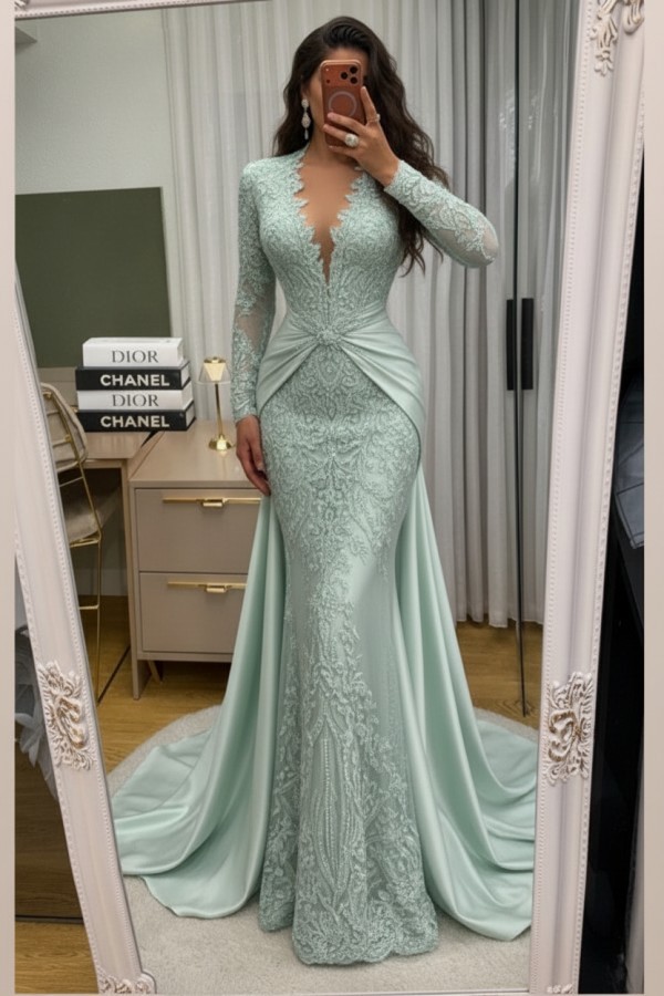 Wunderschöne Abendkleider Lang Spitze Abiballkleider mit Ärmel