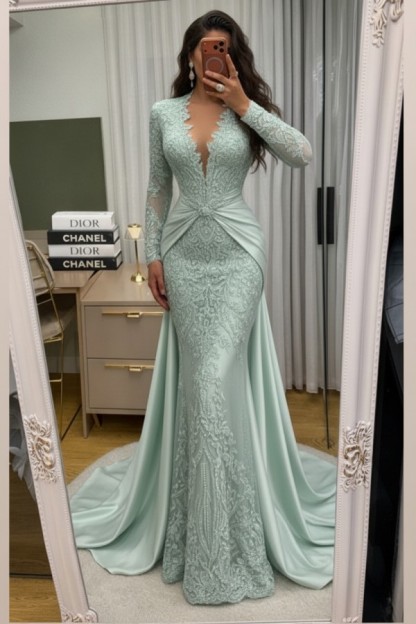 Wunderschöne Abendkleider Lang Spitze Abiballkleider mit Ärmel