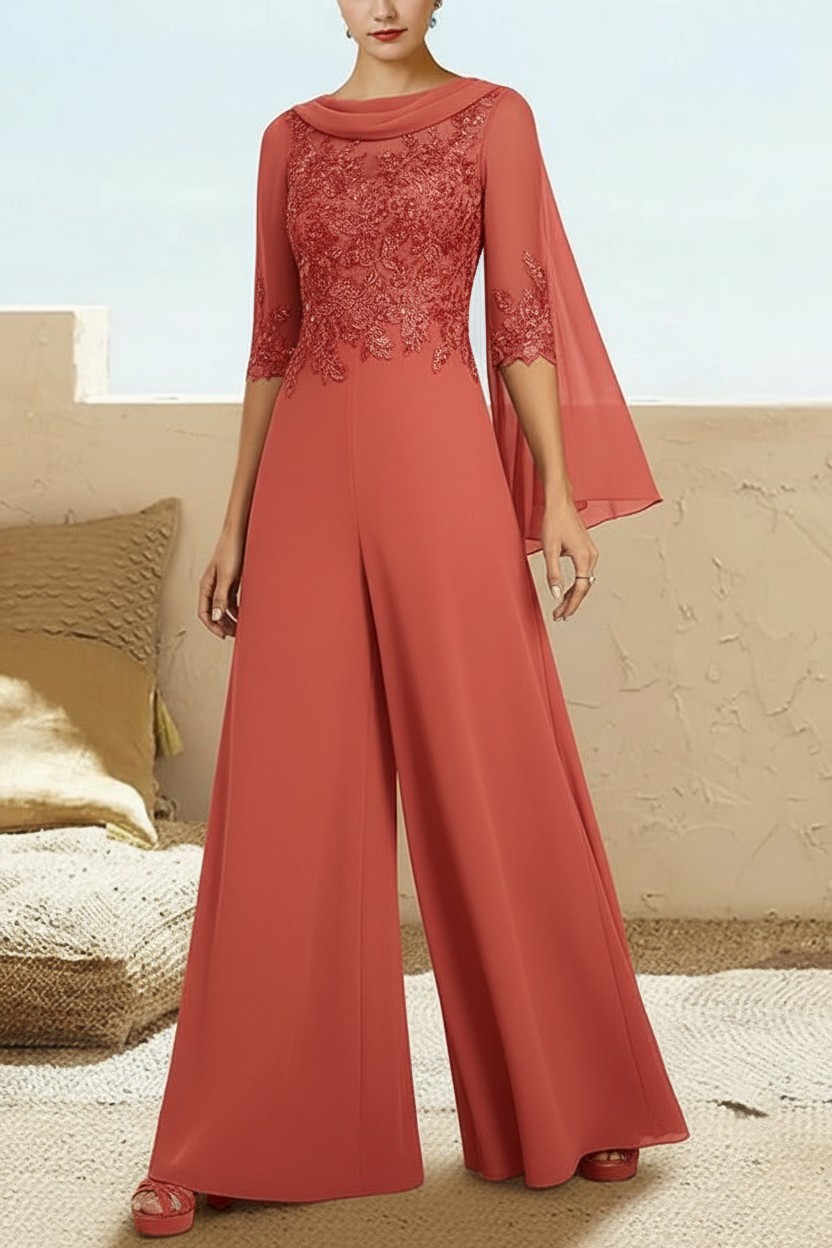 Navy Blau Jumpsuit Hosenanzüge Lang Chiffon Brautmutterkleider mit Ärmel