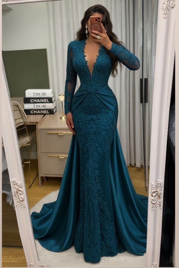 Wunderschöne Abendkleider Lang Spitze Abiballkleider mit Ärmel