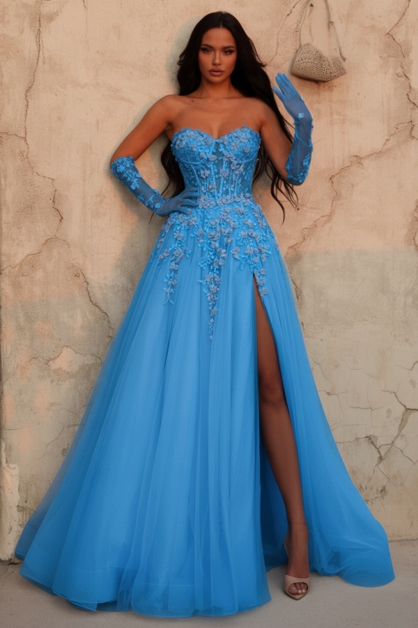 Himmel Blaues Abendkleid Lang Spitze Ballkleid Abendmoden Online