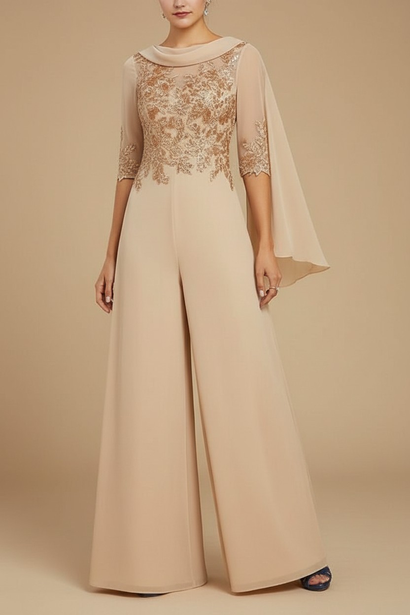 Navy Blau Jumpsuit Hosenanzüge Lang Chiffon Brautmutterkleider mit Ärmel