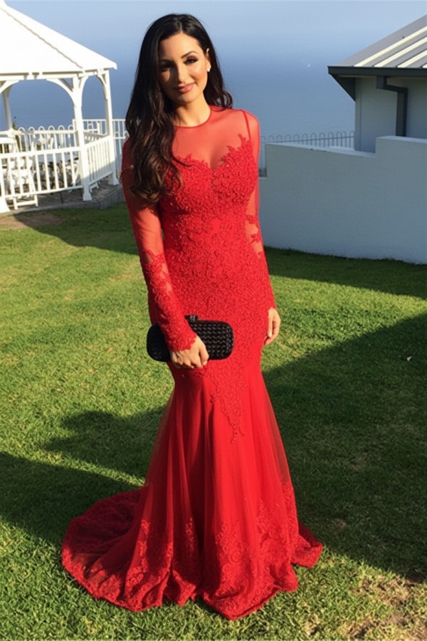 Schwarz Abendkleider Lang Ärmel Spitze Meerjungfrau Abendmoden Partykleider