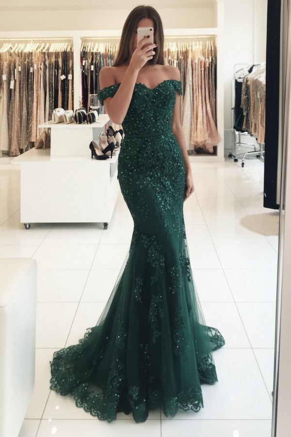 Rot Lange Abendkleider Spitze Perlen Schulterfrei Meerjungfrau Abibllkleider Partykleider BA3809