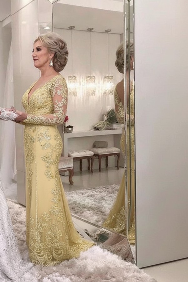 Golden Brautmutterkleider Spitze Mit Ärmel Günstig Abendkleider für Hochzeit Online