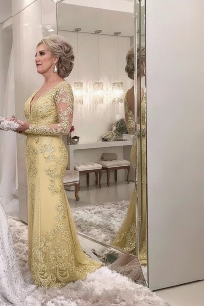 Golden Brautmutterkleider Spitze Mit Ärmel Günstig Abendkleider für Hochzeit Online