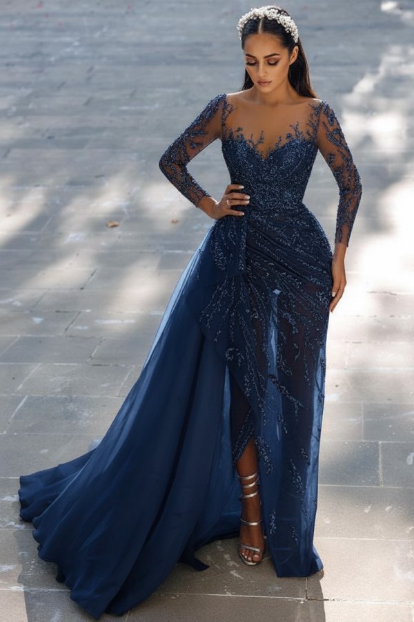 Blaues Abendkleid Lang Glitzer | Abiballkleider Spitze Mit Ärmel