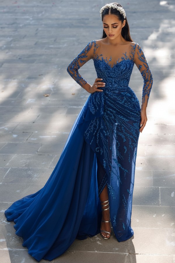 Blaues Abendkleid Lang Glitzer | Abiballkleider Spitze Mit Ärmel