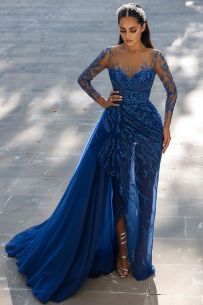 Blaues Abendkleid Lang Glitzer | Abiballkleider Spitze Mit Ärmel