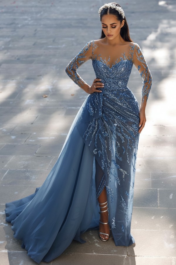 Blaues Abendkleid Lang Glitzer | Abiballkleider Spitze Mit Ärmel