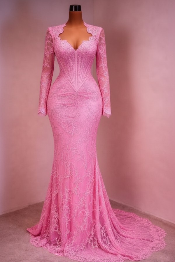 Designer Abendkleid Lang Weinrot Ballkleid Spitze Mit Ärmel