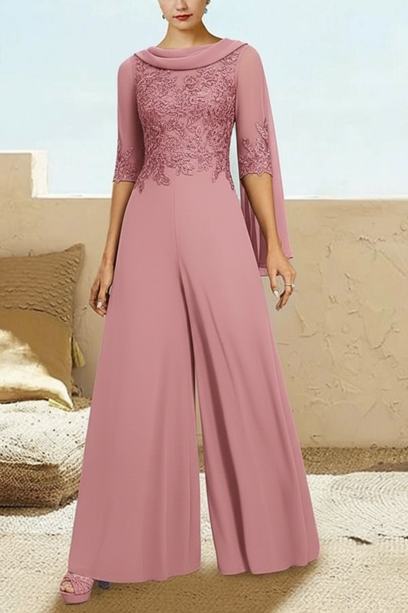 Navy Blau Jumpsuit Hosenanzüge Lang Chiffon Brautmutterkleider mit Ärmel