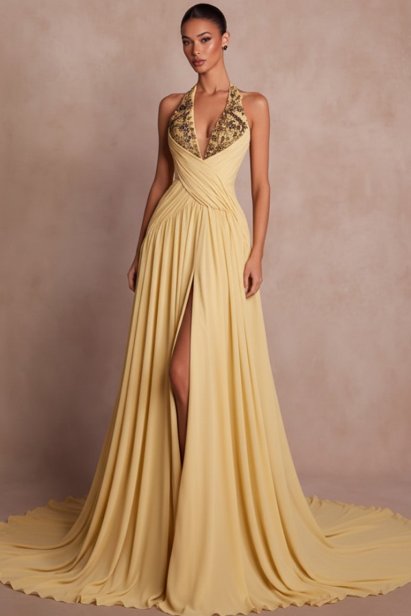 Schlichte Abendkleider Lang V Ausschnitt Chiffon Ballkleider mit Glitzer