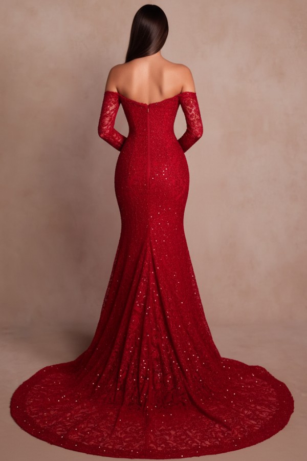 Designer Abendkleider Lang Rot Spitze Ballkleider mit Ärmel